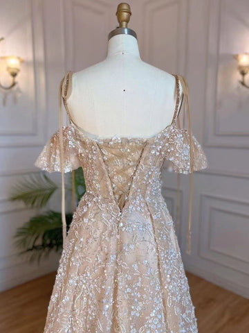 Arabic A-Line Nude Sexy Spaghetti Straps Lace Up Beaded Dubai Evening Dresses Gowns 2025 For Women Party LA71871