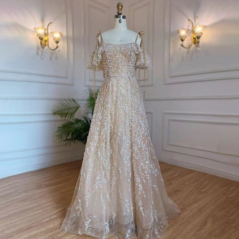 Arabic A-Line Nude Sexy Spaghetti Straps Lace Up Beaded Dubai Evening Dresses Gowns 2025 For Women Party LA71871