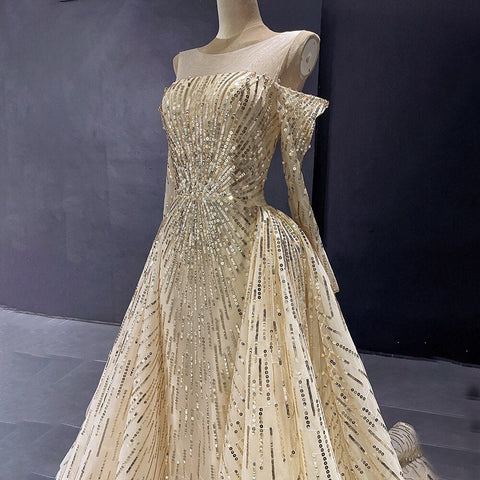 Robe de soirée sirène dorée élégante et scintillante, manches longues, avec jupe non amovible, personnalisation avancée, LA71695