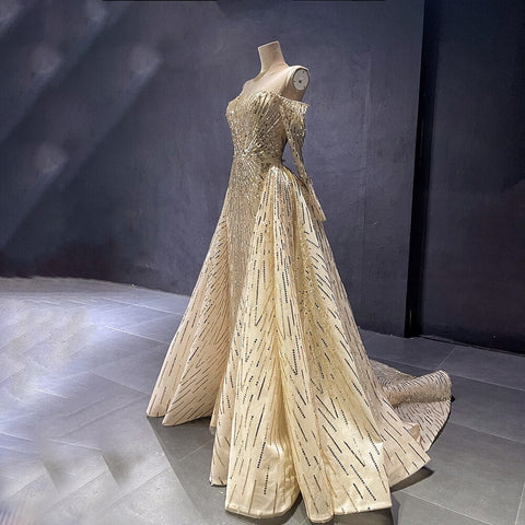 Robe de soirée sirène dorée élégante et scintillante, manches longues, avec jupe non amovible, personnalisation avancée, LA71695