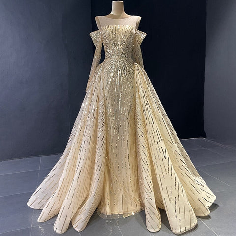 Robe de soirée sirène dorée élégante et scintillante, manches longues, avec jupe non amovible, personnalisation avancée, LA71695