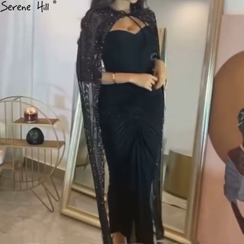Arabia Black Cape Sleeves Evening Dresses Gowns 2025 Beaded Ankle-Length For Women Party LA71246