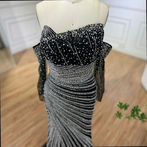 Arabia Black Elegant Strapless Split Mermaid Beaded Evening Dresses Gowns for Women Wedding Party 2025 LA72514