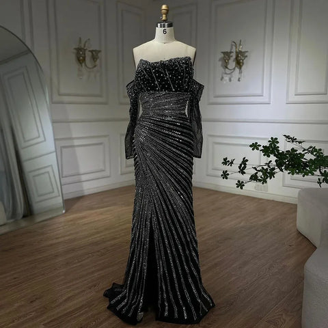 Arabia Black Elegant Strapless Split Mermaid Beaded Evening Dresses Gowns for Women Wedding Party 2025 LA72514