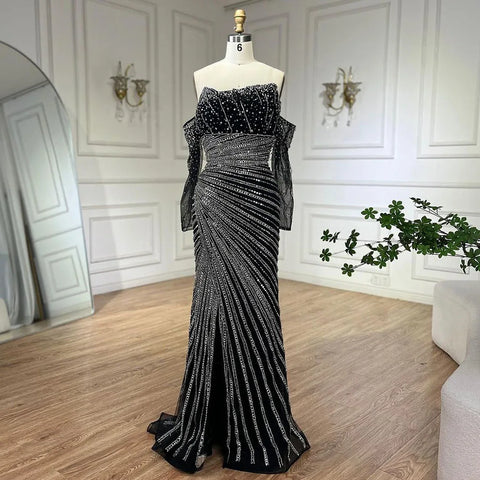 Arabia Black Elegant Strapless Split Mermaid Beaded Evening Dresses Gowns for Women Wedding Party 2025 LA72514