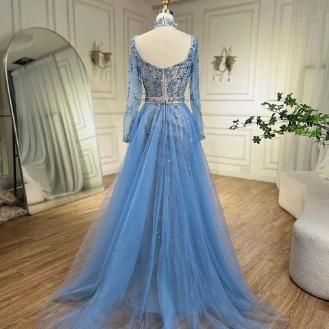 Vestido de noche elegante estilo sirena azul árabe con sobrefalda, de lujo, estilo Dubái, para mujer, ideal para bodas y fiestas (2025) LA71653E 