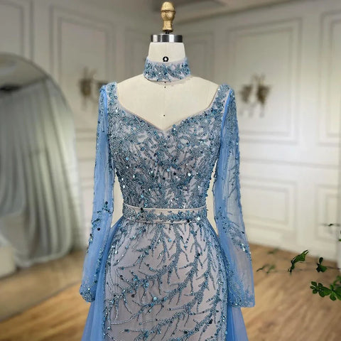 Vestido de noche elegante estilo sirena azul árabe con sobrefalda, de lujo, estilo Dubái, para mujer, ideal para bodas y fiestas (2025) LA71653E 