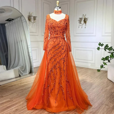 Vestido de noche elegante estilo sirena azul árabe con sobrefalda, de lujo, estilo Dubái, para mujer, ideal para bodas y fiestas (2025) LA71653E 