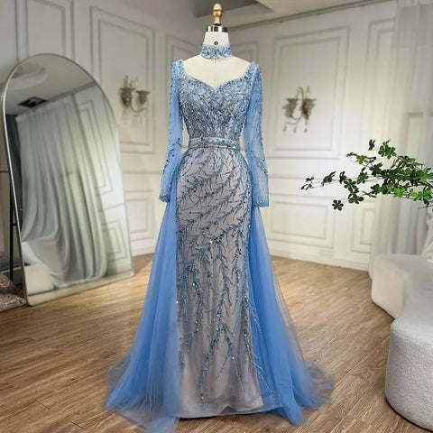 Vestido de noche elegante estilo sirena azul árabe con sobrefalda, de lujo, estilo Dubái, para mujer, ideal para bodas y fiestas (2025) LA71653E 