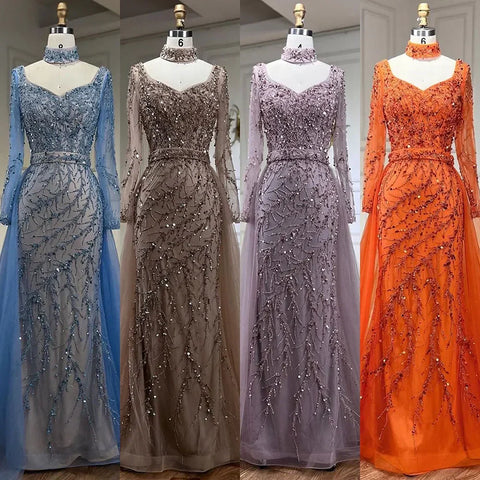 Vestido de noche elegante estilo sirena azul árabe con sobrefalda, de lujo, estilo Dubái, para mujer, ideal para bodas y fiestas (2025) LA71653E 