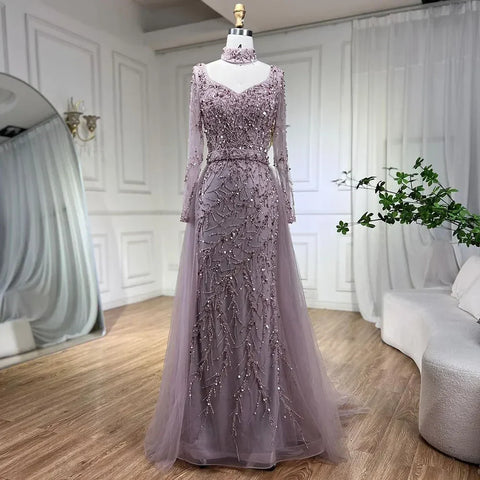 Vestido de noche elegante estilo sirena azul árabe con sobrefalda, de lujo, estilo Dubái, para mujer, ideal para bodas y fiestas (2025) LA71653E 