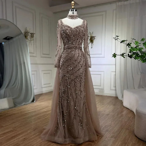 Vestido de noche elegante estilo sirena azul árabe con sobrefalda, de lujo, estilo Dubái, para mujer, ideal para bodas y fiestas (2025) LA71653E 