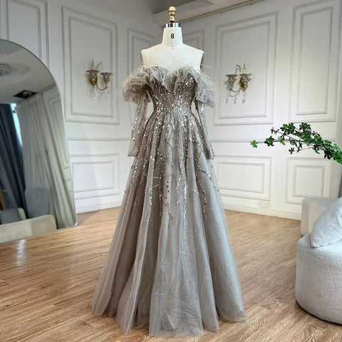 Arabia Caramel A-Line Elegant Beaded Feather Sparkle Evening Dresses Gowns For Woman Wedding Party 2025 LA71328A