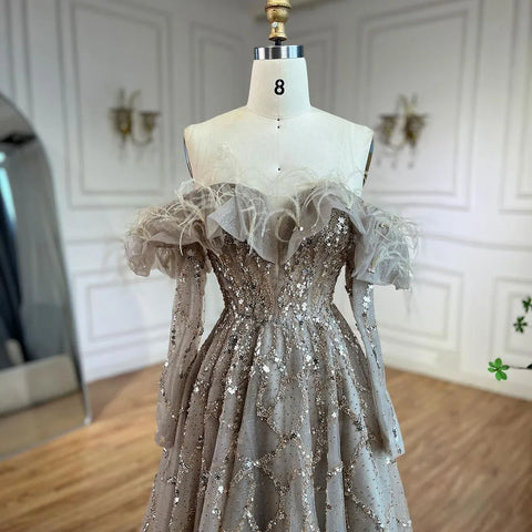 Arabia Caramel A-Line Elegant Beaded Feather Sparkle Evening Dresses Gowns For Woman Wedding Party 2025 LA71328A