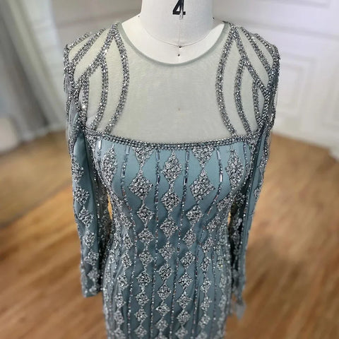 Luxury Sage Green Dubai Evening Dresses Mermaid Muslim Long Sleeves LA72292