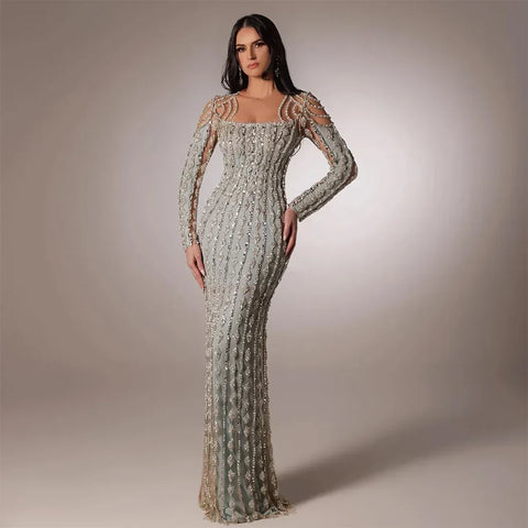 Luxury Sage Green Dubai Evening Dresses Mermaid Muslim Long Sleeves LA72292