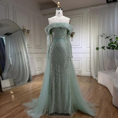 Off Shoulder Light Blue Mermaid Evening Dress with Detachable Overskirt Dubai LA72254