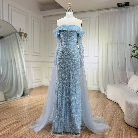 Off Shoulder Light Blue Mermaid Evening Dress with Detachable Overskirt Dubai LA72254