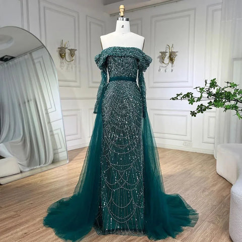 Off Shoulder Light Blue Mermaid Evening Dress with Detachable Overskirt Dubai LA72254