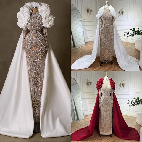 Arabia Nude Pearls Beaded Mermaid Long Cloak Luxury Dubai Evening Dresses Gowns For Women Wedding Party LA72091C