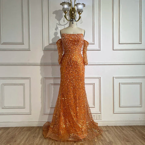 Arabia Orange Mermaid Strapless Luxury Beaded Crystal Evening Dresses Gowns for Women Wedding Party 2025 LA72402