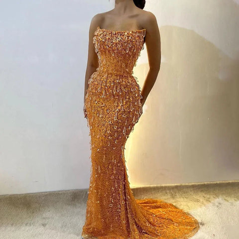 Arabia Orange Mermaid Strapless Luxury Beaded Crystal Evening Dresses Gowns for Women Wedding Party 2025 LA72402