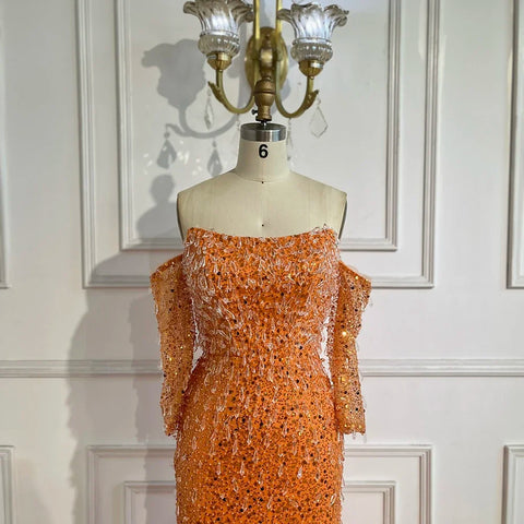 Arabia Orange Mermaid Strapless Luxury Beaded Crystal Evening Dresses Gowns for Women Wedding Party 2025 LA72402