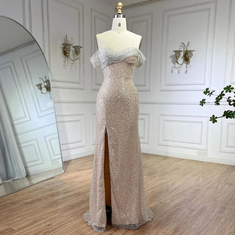 Vestidos de noche de lujo estilo sirena, color blanco nude, con escote barco y abertura alta, ideales para bodas y fiestas (2025) LA72301 