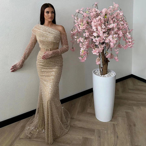 Arabia caramel Mermaid One Shoulder Luxury Beaded Evening Dresses Gowns 2025 For Women Wedding Party LA72285