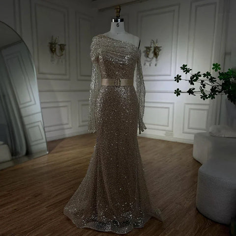 Arabia caramel Mermaid One Shoulder Luxury Beaded Evening Dresses Gowns 2025 For Women Wedding Party LA72285