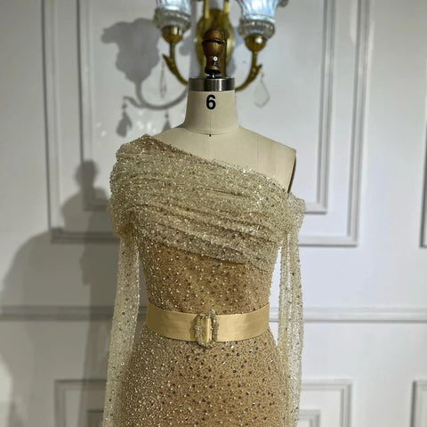 Arabia caramel Mermaid One Shoulder Luxury Beaded Evening Dresses Gowns 2025 For Women Wedding Party LA72285