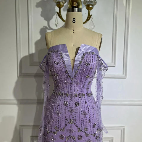 Arabian Lilac Mermaid Strapless Luxury Beaded Evening Gown with Glove Sleeves for Women - Wedding Party 2025 LA72333