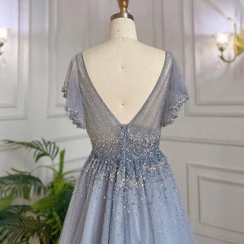 Arabic A-Line Blue Sexy V NECK Luxury Beaded Dubai Evening Dresses For Women Elegant Party 2025 LA71899