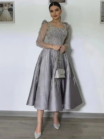 Arabic A Line Luxury Satin Lace Beaded Gray Midi Tea Length Evening Dresses Gowns Formal Woman Wedding Party LA72240