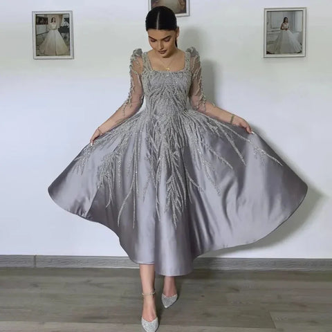 Arabic A Line Luxury Satin Lace Beaded Gray Midi Tea Length Evening Dresses Gowns Formal Woman Wedding Party LA72240