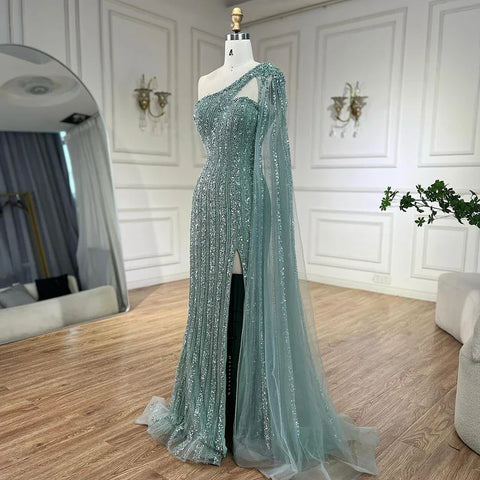 Arabic Beaded One Shoulder Cape Sleeves Turquoise Mermaid Evening Dresses Gowns For Women Wedding Party 2025 LA72284