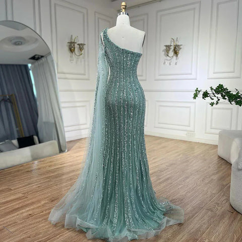 Arabic Beaded One Shoulder Cape Sleeves Turquoise Mermaid Evening Dresses Gowns For Women Wedding Party 2025 LA72284