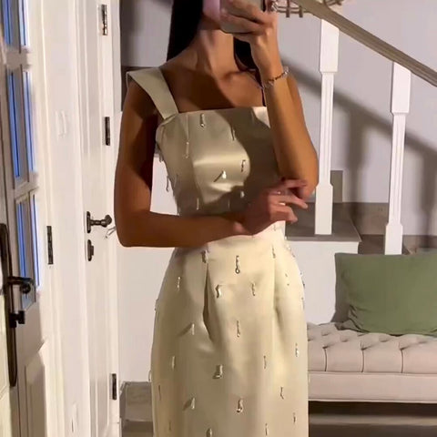 Arabic Beige Elegant Mermaid Ankle Length Beaded Crystal Luxury Evening Dresses Gowns For Women Party LA71914