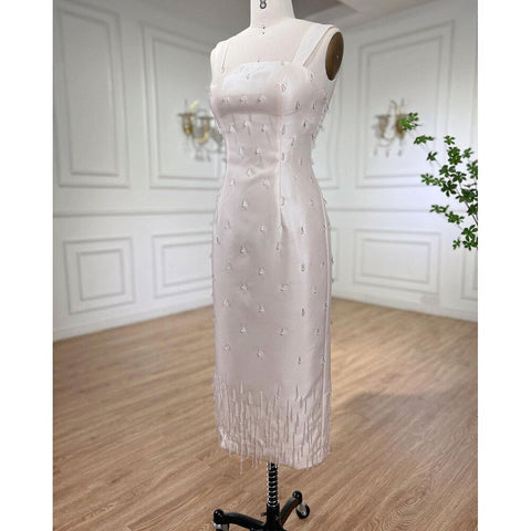 Arabic Beige Elegant Mermaid Ankle Length Beaded Crystal Luxury Evening Dresses Gowns For Women Party LA71914