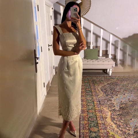 Arabic Beige Elegant Mermaid Ankle Length Beaded Crystal Luxury Evening Dresses Gowns For Women Party LA71914