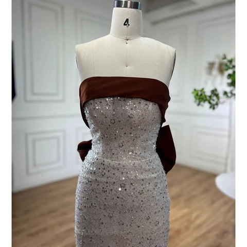 Arabic Beige Elegant Mermaid Sexy Strapless Beaded Evening Dresses 2025 Gowns For Women Wedding Party LA72065