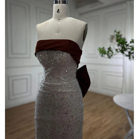 Arabic Beige Elegant Mermaid Sexy Strapless Beaded Evening Dresses 2025 Gowns For Women Wedding Party LA72065