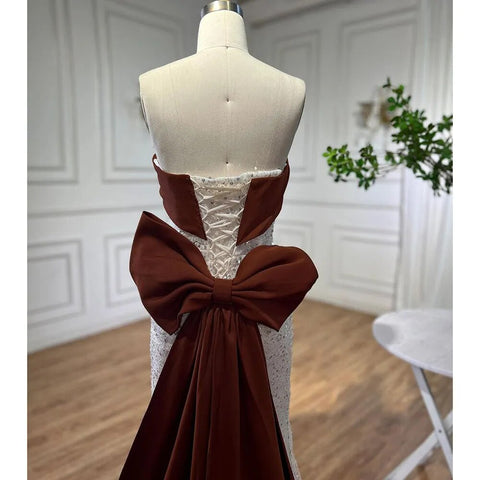 Arabic Beige Elegant Mermaid Sexy Strapless Beaded Evening Dresses 2025 Gowns For Women Wedding Party LA72065