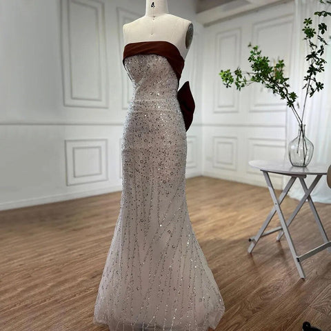 Arabic Beige Elegant Mermaid Sexy Strapless Beaded Evening Dresses 2025 Gowns For Women Wedding Party LA72065