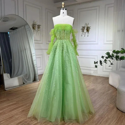 Arabic Beige Strapless Beaded Elegant A Line Long Evening Dresses Gowns For Women Wedding Party 2025 LA72009