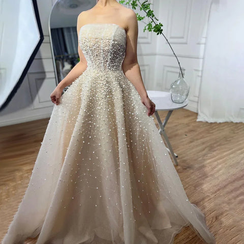 Arabic Beige Strapless Beaded Elegant A Line Long Evening Dresses Gowns For Women Wedding Party 2025 LA72009