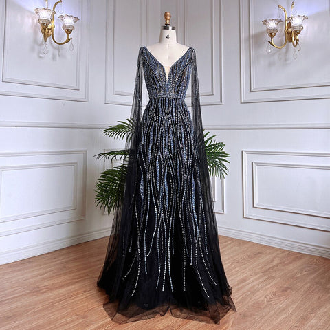 Arabic Black A Line Cape Sleeves V Neck Beaded Long Evening Dresses Gowns For Women Wedding Party 2025 LA71960