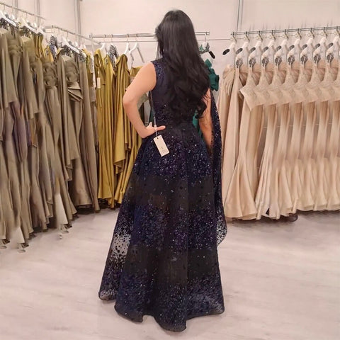 Arabic Black A Line Sexy Lace Cape Sleeves Beaded Luxury Evening Dresses Gowns For Women Wedding Party 2025 LA71951