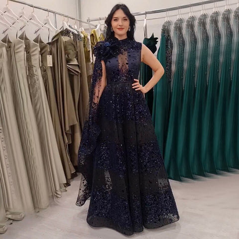 Arabic Black A Line Sexy Lace Cape Sleeves Beaded Luxury Evening Dresses Gowns For Women Wedding Party 2025 LA71951