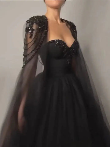 Arabic Black Elegant Cape Sleeve A Line Beaded Lace Up Evening Dresses Gowns For Women Wedding Party 2025 LA72392